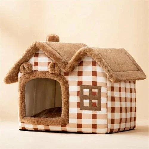 Pet house with checkered pattern and brown roof on a beige background