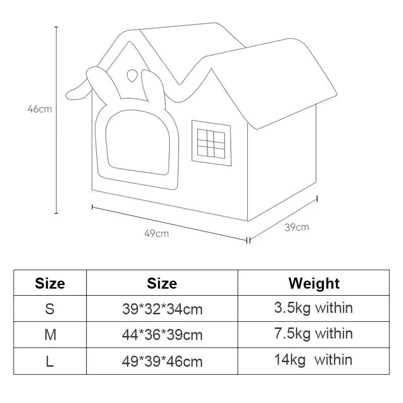 Dimensions and weight chart for a pet house with measurements in centimeters.