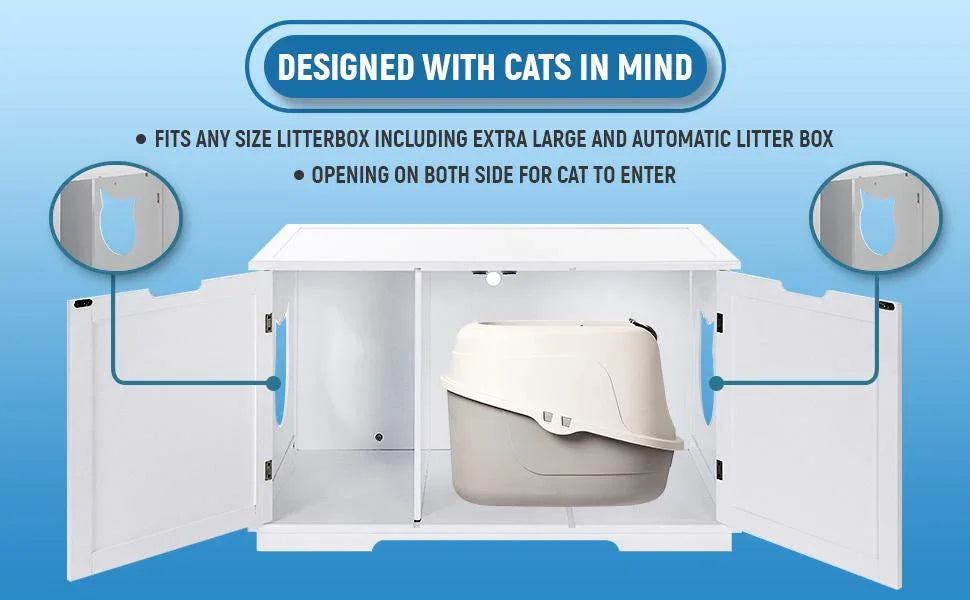Automatic litter box concealed inside furniture enclosure with cord hole