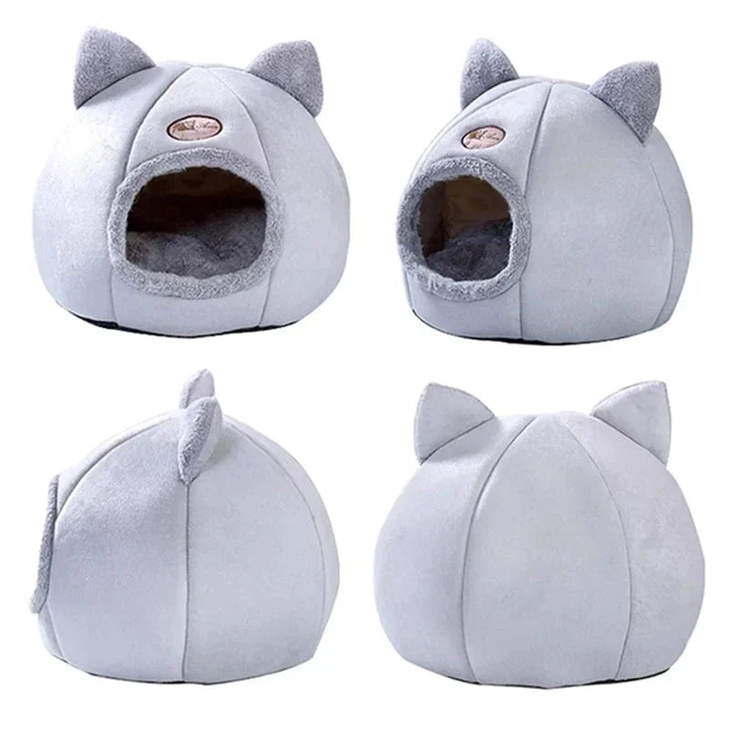 Gray cat cave bed with cute ears - 2-in-1 design with removable cushion