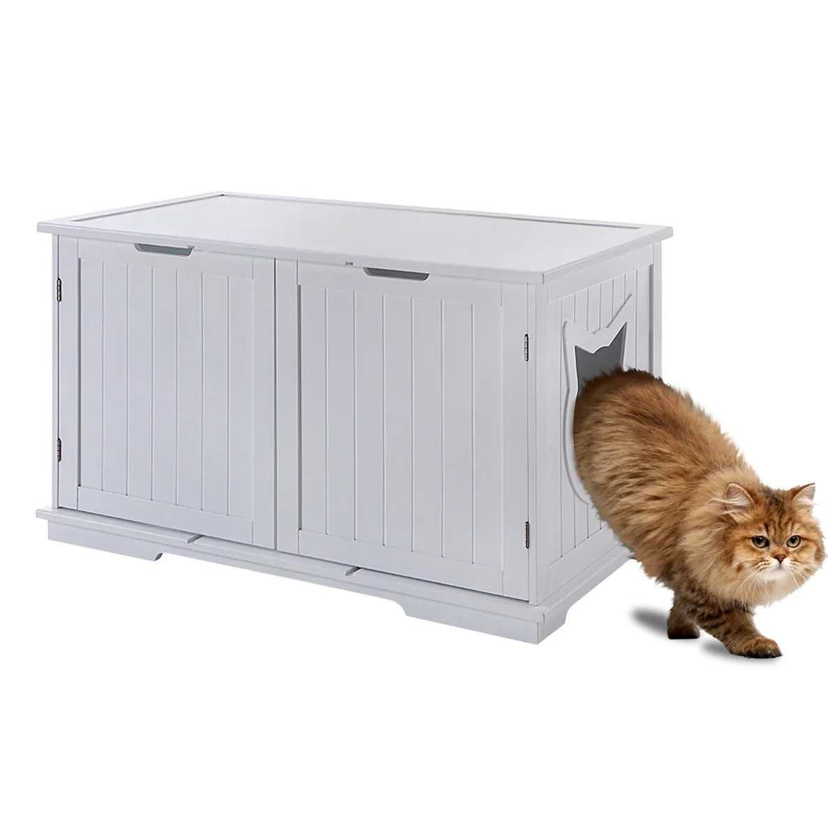 Orange cat entering hidden litter box furniture through side entrance