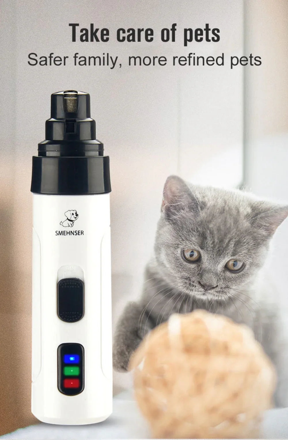 Pet grooming tool with a kitten in the background and text about pet care.