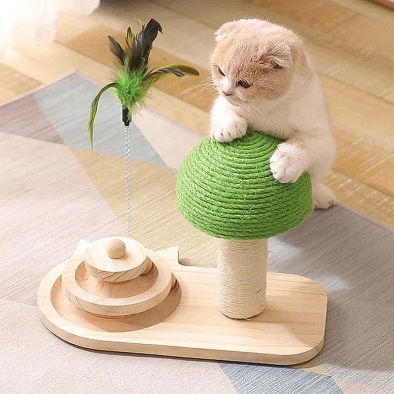 White cat playing with spring-mounted feather toy on scratching post