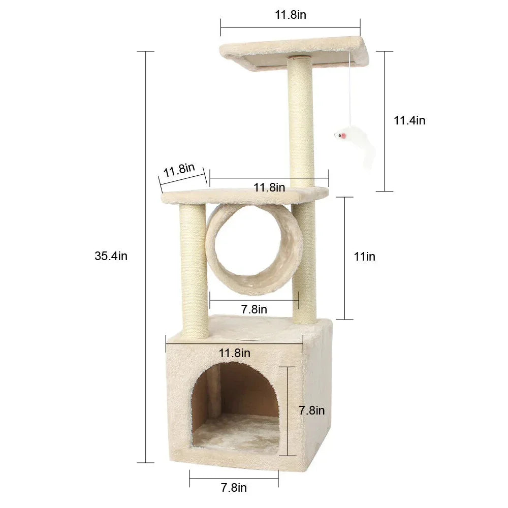 Beige cat tree with dimensions labeled on a white background
