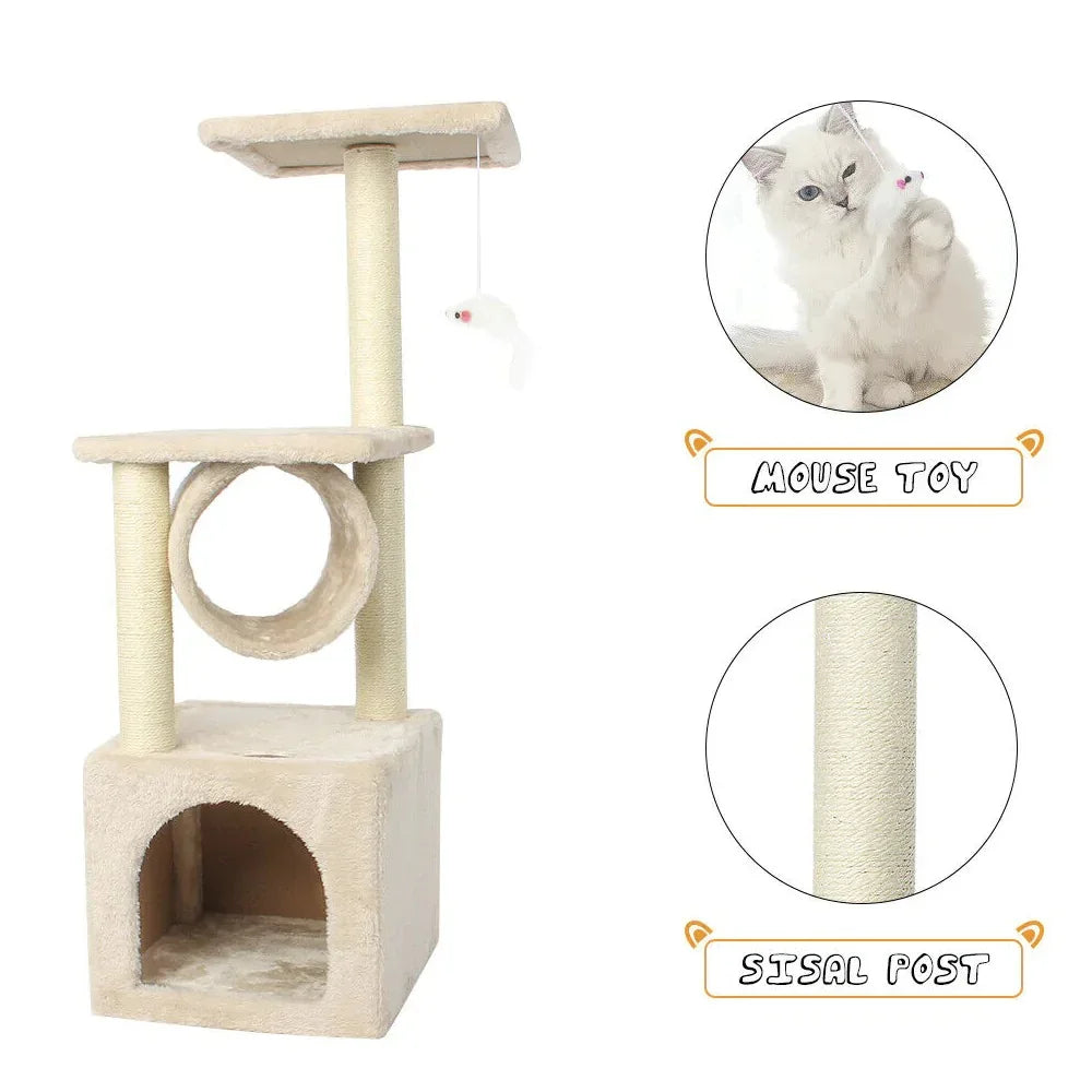 Cat tree with a sisal post and mouse toy, featuring a cat climbing the structure.