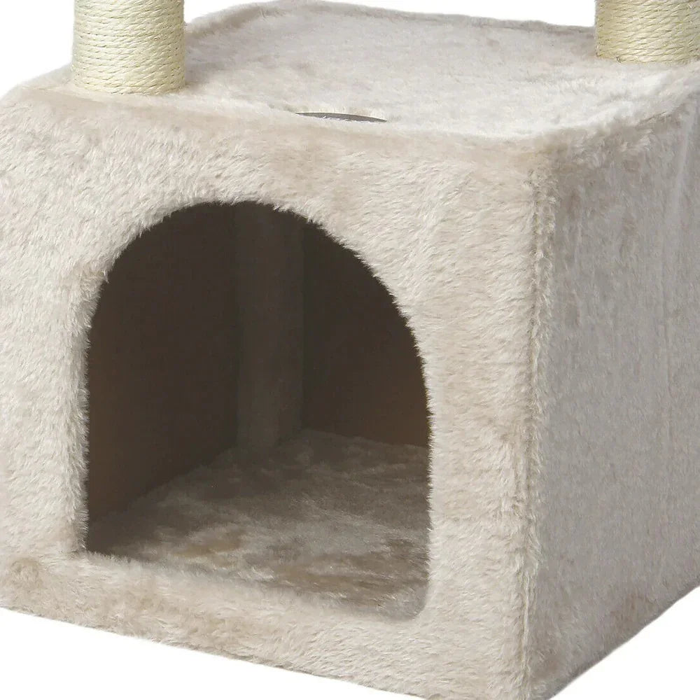 Beige cat tree with a perch on a white background