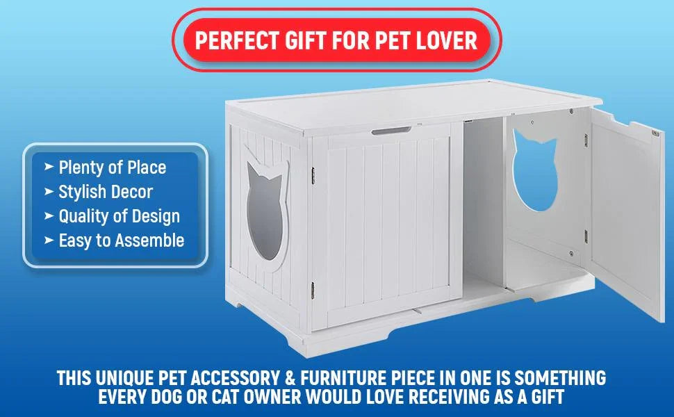 White pet enclosure with text highlighting features on a blue background