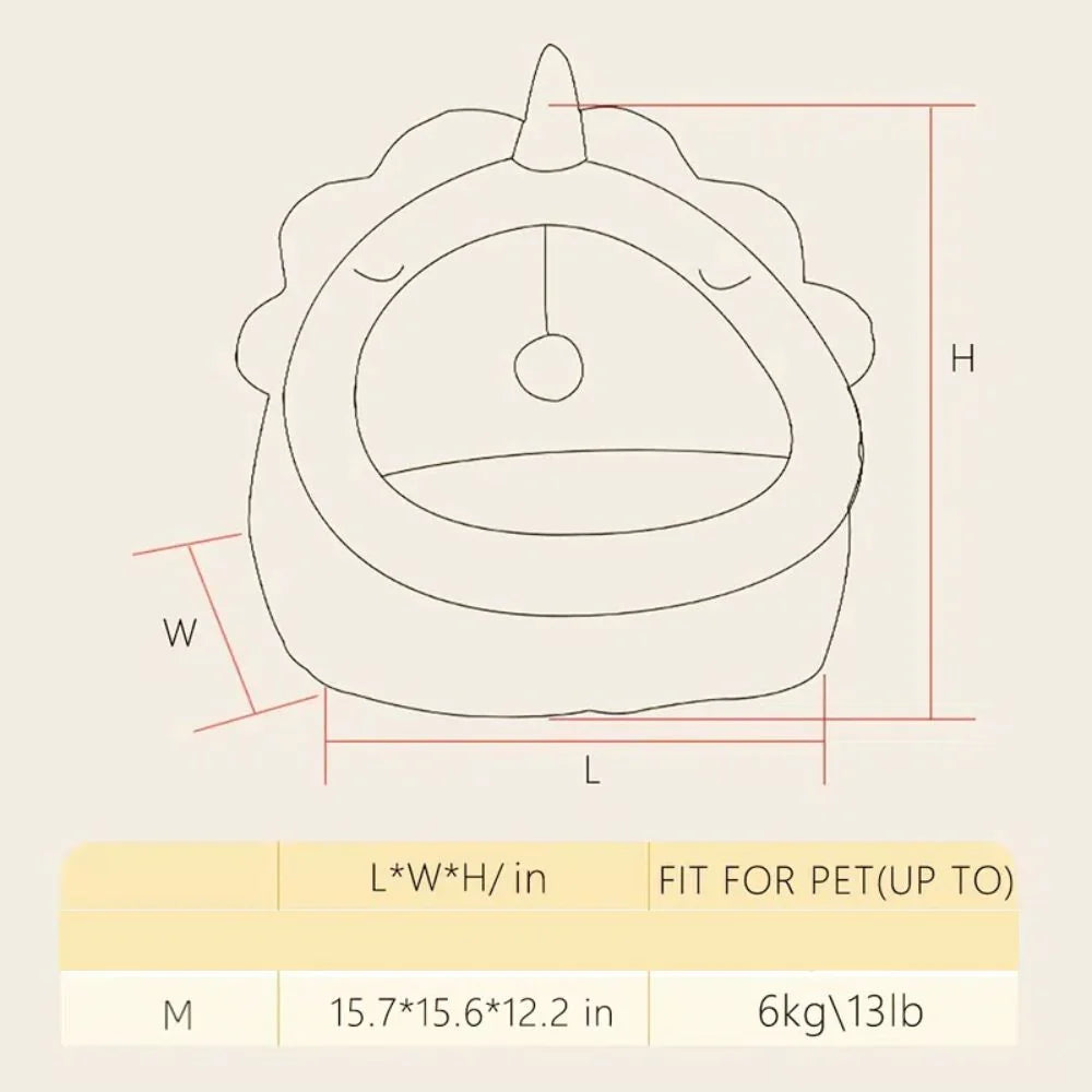 Dinosaur pet bed dimensions showing 16 inch length suitable for small pets