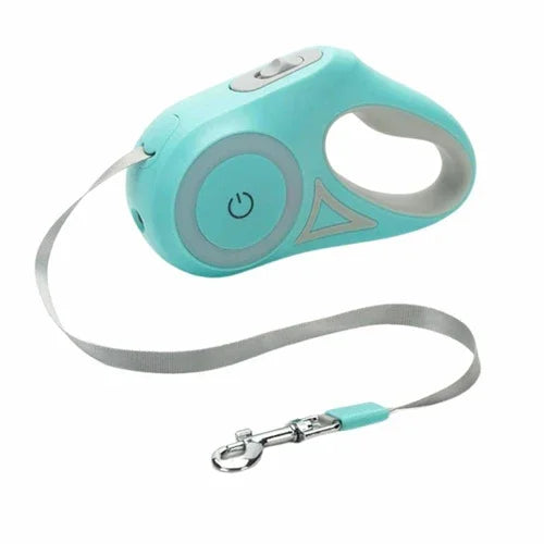 Turquoise retractable dog leash with handle on a white background