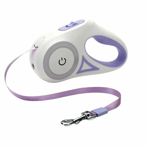 Retractable dog leash with white handle and purple accents on a white background