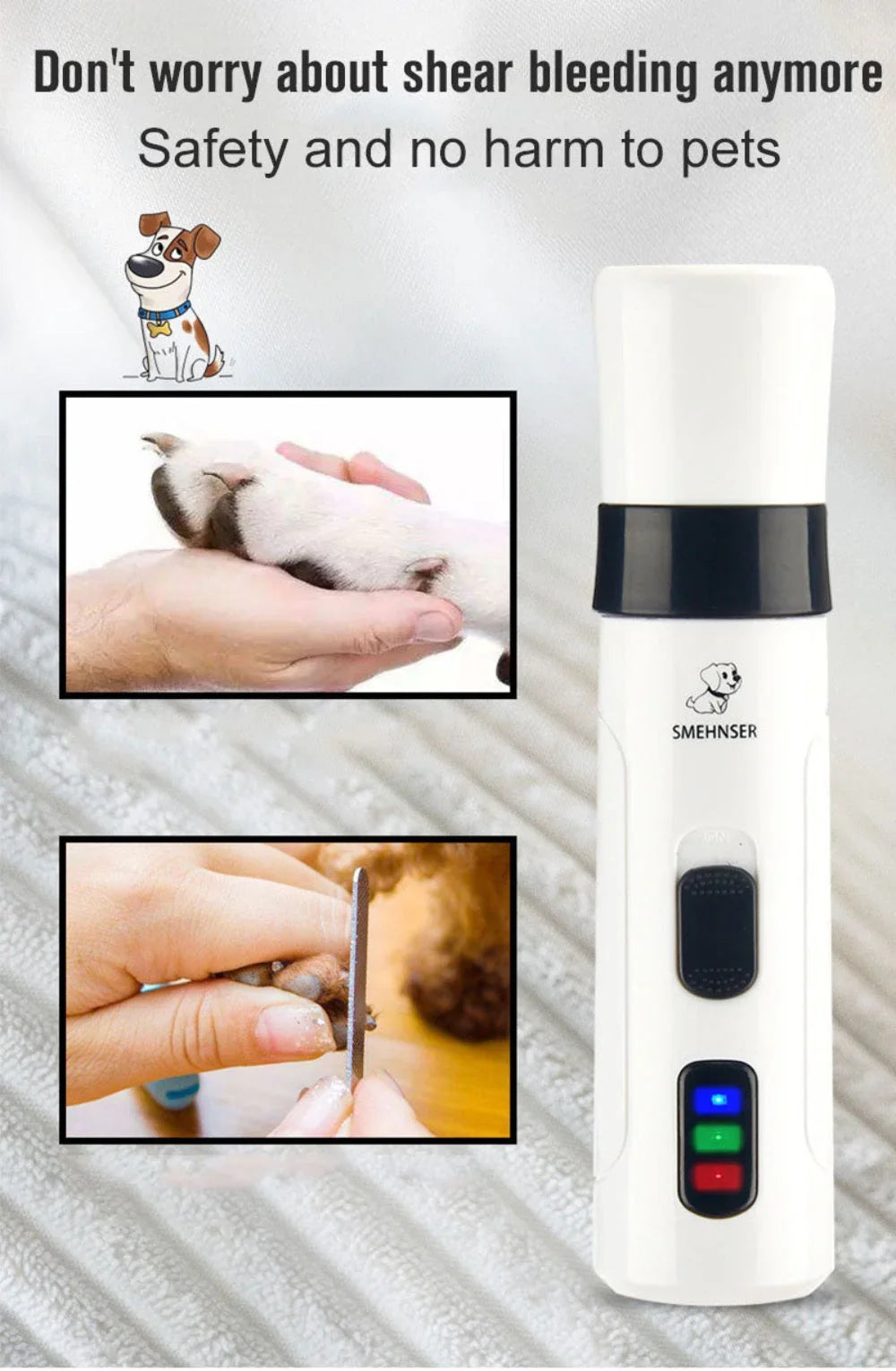 Pet grooming tool with safety features for pet owners, featuring a cartoon dog and close-up images of pet care.
