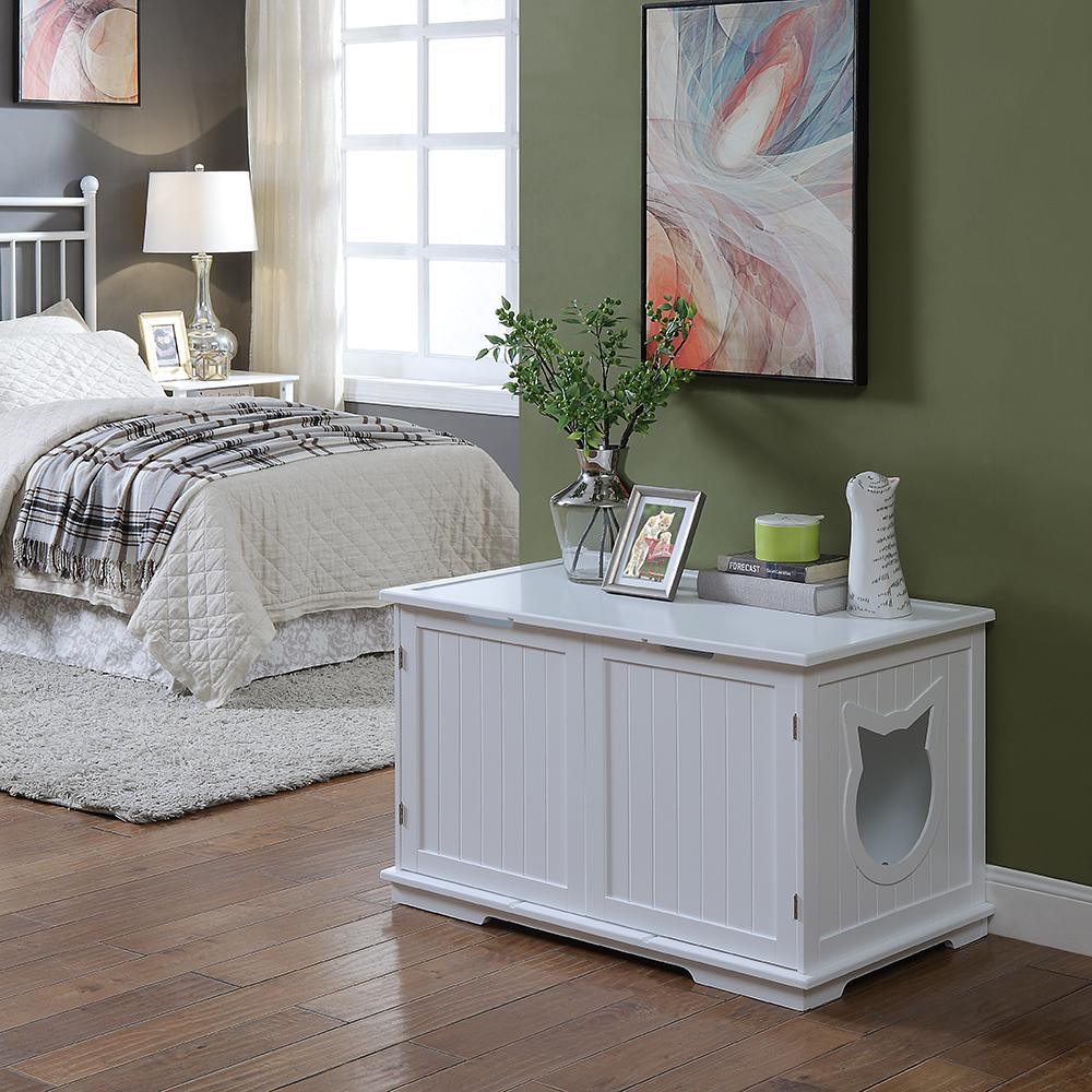 Hidden cat litter box furniture in white - washroom bench enclosure cabinet