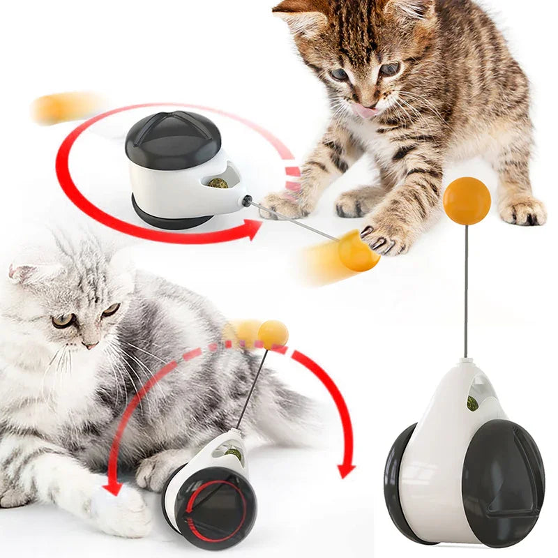 Cat toy with a rotating ball and a cat interacting with it on a white background
