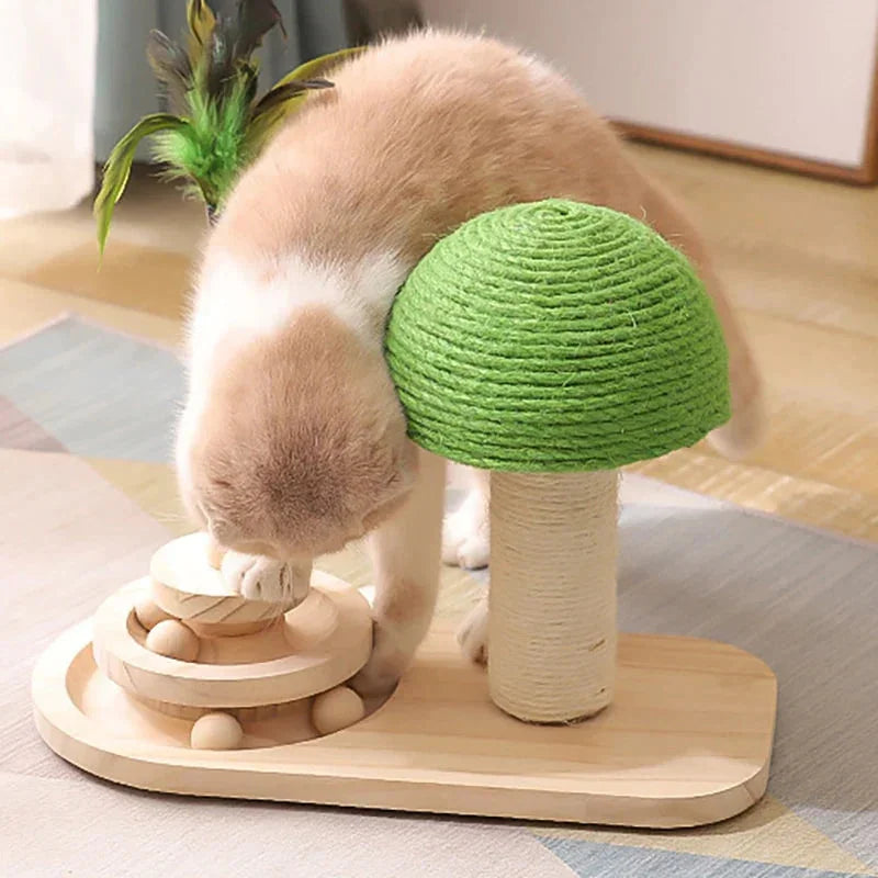 Interactive cat scratching post with mushroom tree design, feather toy, and wooden ball track