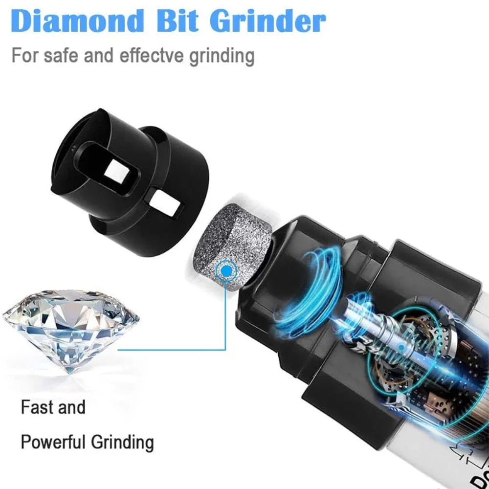 Diamond bit grinder with close-up of components and text highlighting features.
