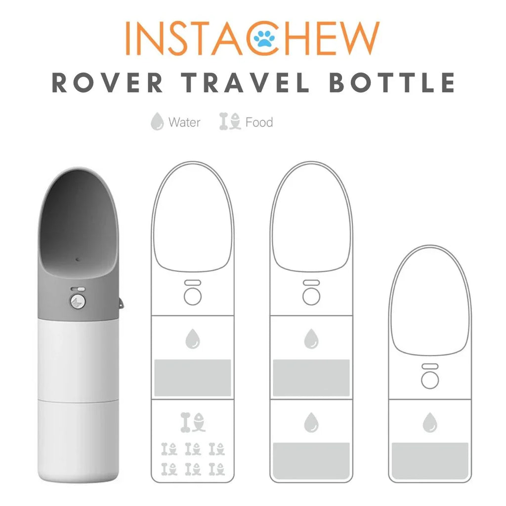 Instachew Rover Travel Bottle with water and food icons on a white background