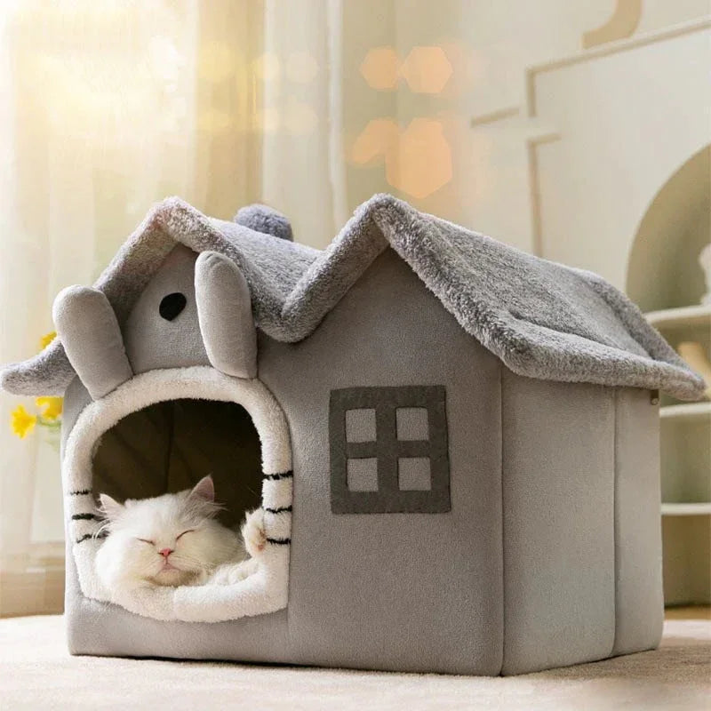 Plush pet house with removable roof in gray - cozy cat bed with cottage design