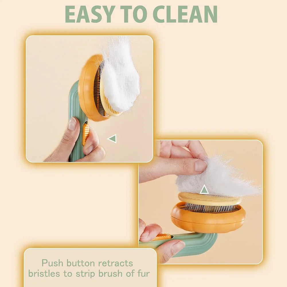 Self-cleaning pet brush with one-button fur release mechanism