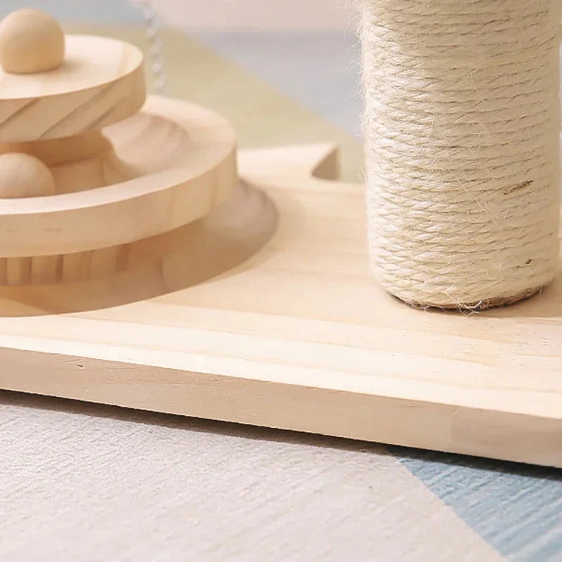 Two-tier wooden ball track on interactive cat scratching post base